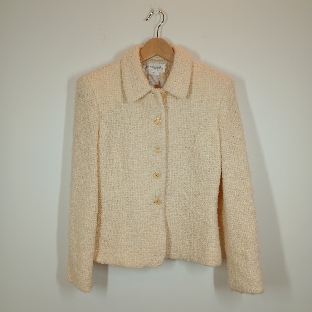 Jones New York Blazer Womens 8 Cream Bouclé Button Front Professional Jacket